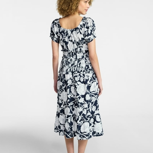 Smocked Waist Navy and White Floral Midi Dress - Picture 4 of 5